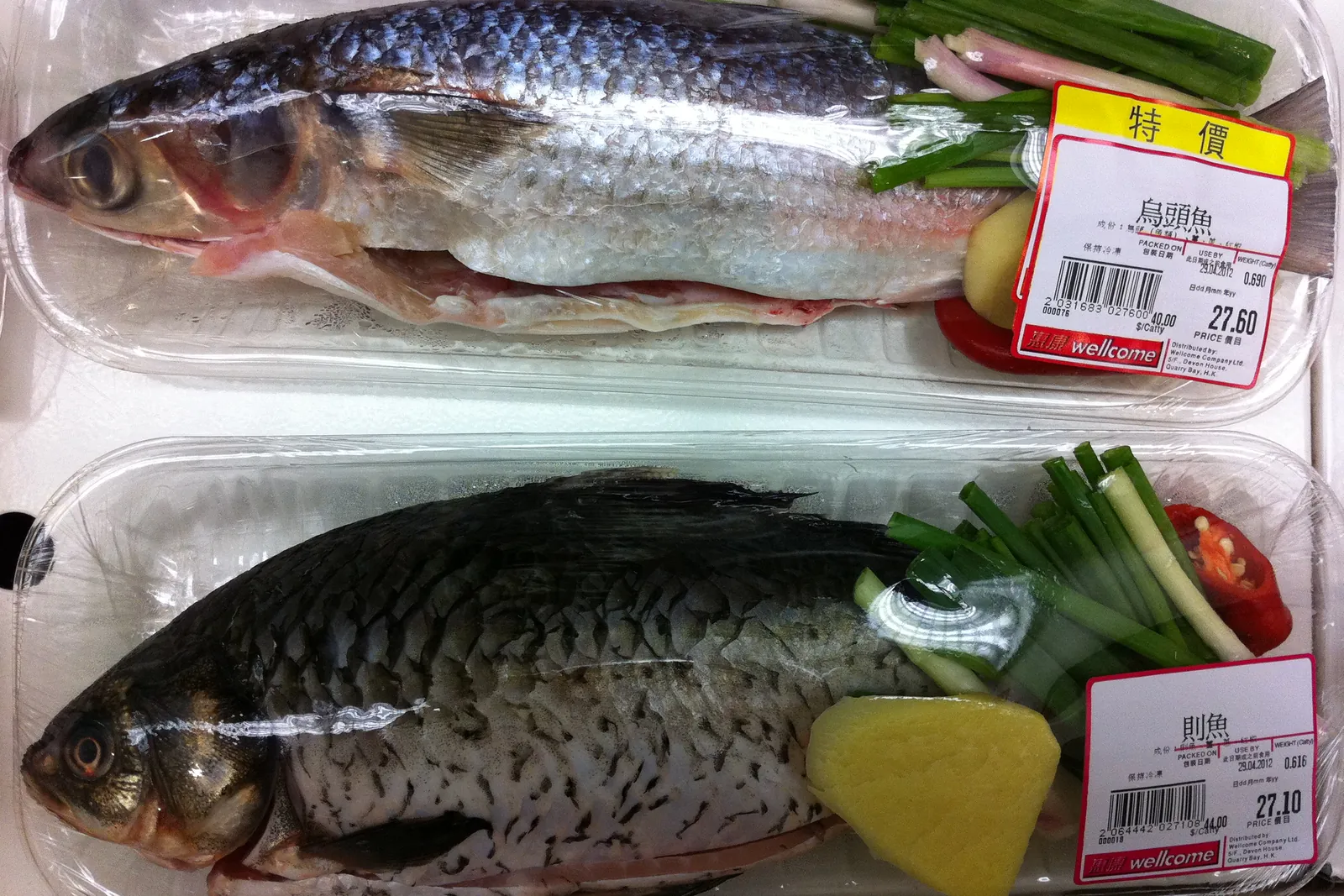 Whole mullet packed on trays under film with price labels