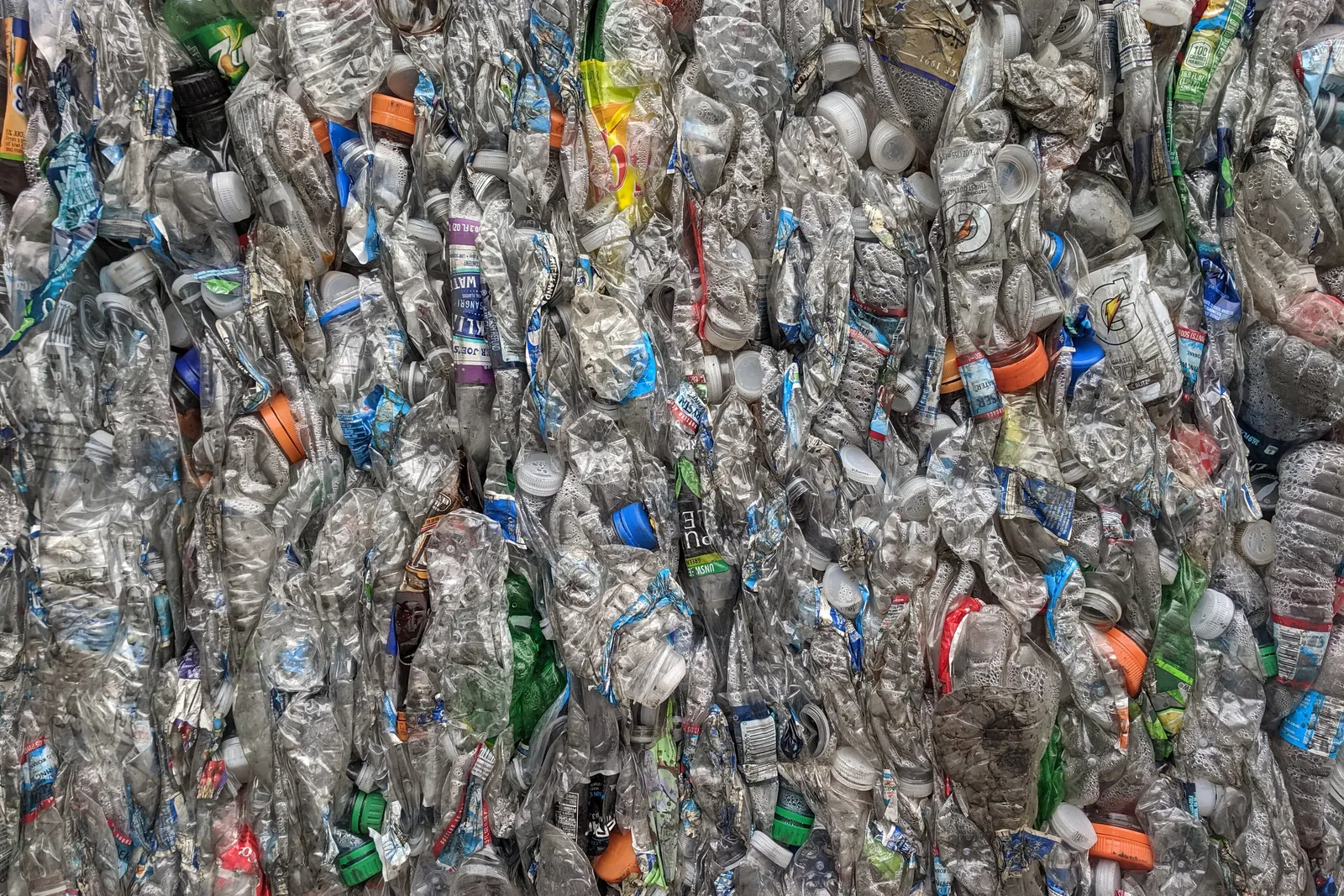 A bale of crushed PET bottles waiting for recycling